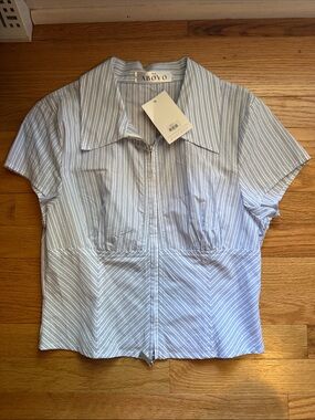 Light Blue Striped Zip-Front Short Sleeve Top
